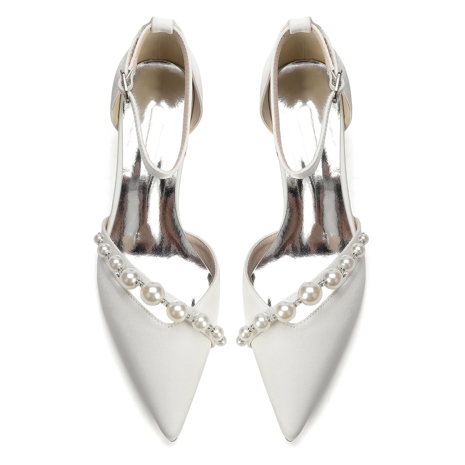Buty Ślubne Damskie Kość Słoniowa Satynowe Czółenka na Słupku 4.5cm, Szpilki z Perłami i Paskiem wokół Kostki, Eleganckie Buty Wieczorowe