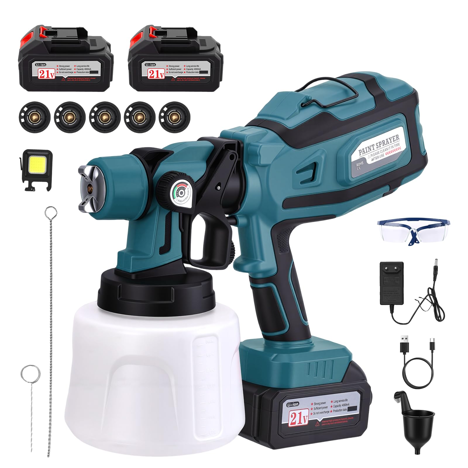 Pulverizador de pintura, 21 V, 300.000 rpm, batería con 2 baterías de 4000 mAh, 5 boquillas y 3 modos de pulverización, depósito de 1400 ml para terrazas, paredes, vallas, cobertizos, techos