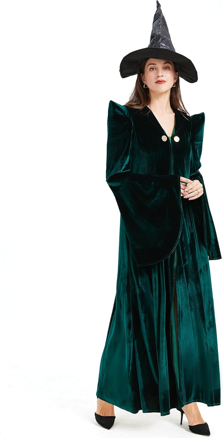 Professor Witch Costume Adult Women Dark Green Velvet Dress Wizard Plus Size Costumes Outfit for Halloween Cosplay
