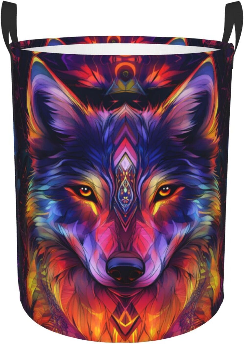 Wolf Colorful Laundry Basket Round with Handle, Bedroom Hamper Collapsible Storage Bin Dirty Clothes Bag Organizer for Home Bathroom Nursery, 19.6''x15.7''