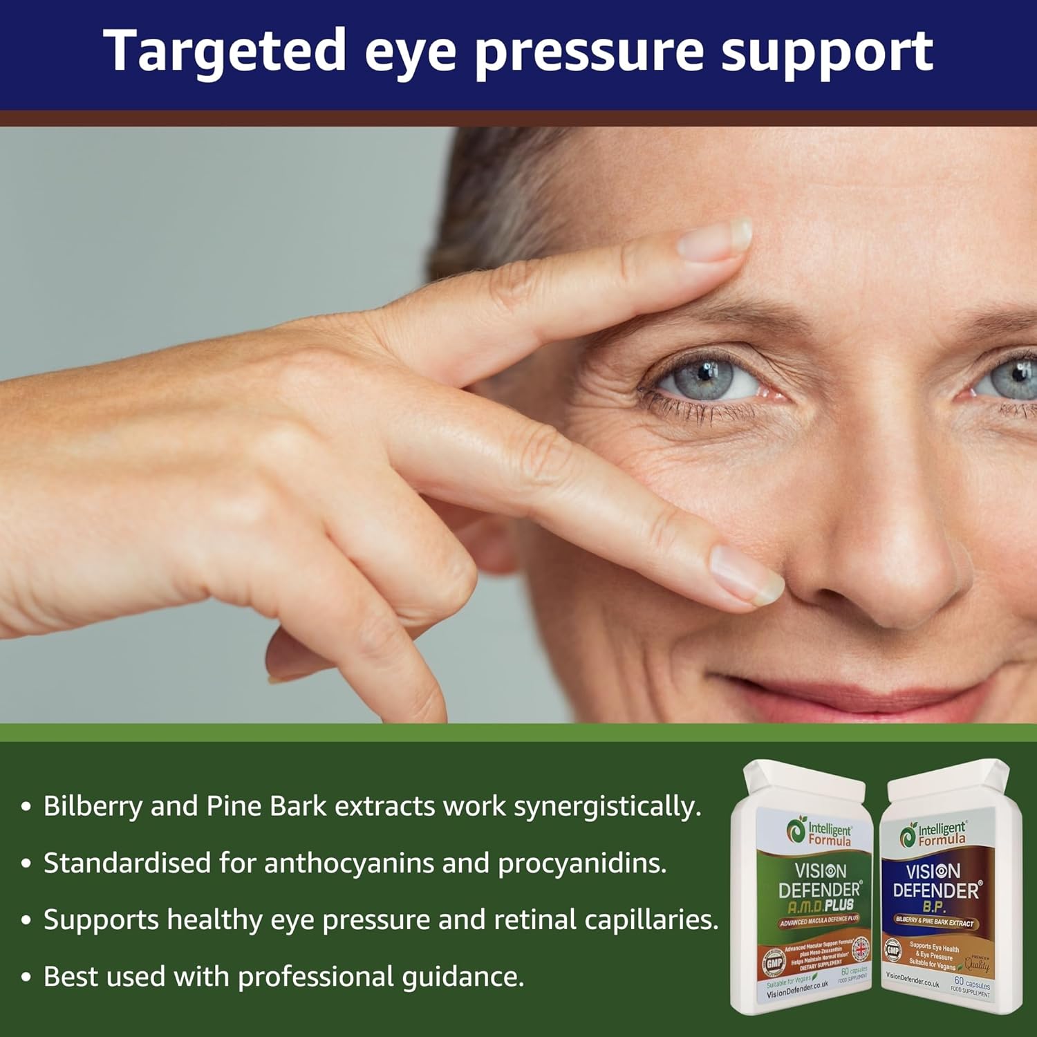 Vision Defender A.M.D. Plus & BP Eye Care Bundle – Advanced Eye Supplements with AREDS2 (Lutein, Zeaxanthin, Vitamin C & E, Copper, Zinc), Plus Meso-Zeaxanthin, Bilberry, Pine Bark. Made in UK