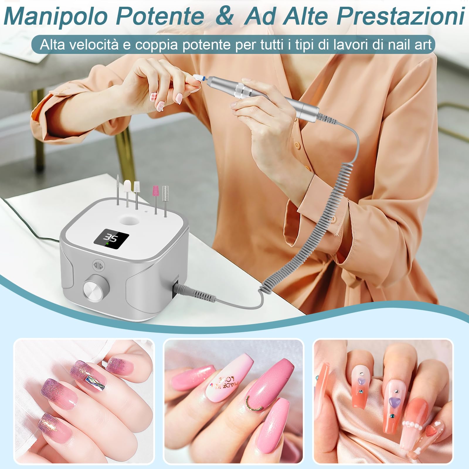 Kredioo Fresa per Unghie Professionale 35000RPM, Fresa Unghie, Lima Per Unghie Elettrica, Manicure e Pedicure, Trapano Elettrico per Rimozione Gel/Smalto, Argento