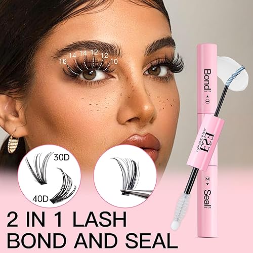 Miniatura 4 de ESEENLO Kit de extensión de pestañas para bricolaje 30D+40D-D-0.35-0.630 pulgadas, 320 racimos de pestañas postizas con enlace de pestañas, sello y