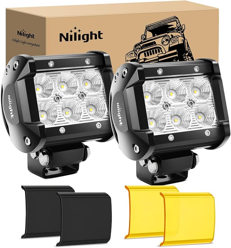 Kit com 2 faróis auxiliares LED Nilight 18 W com capas amarela e preta – 1260 lm
