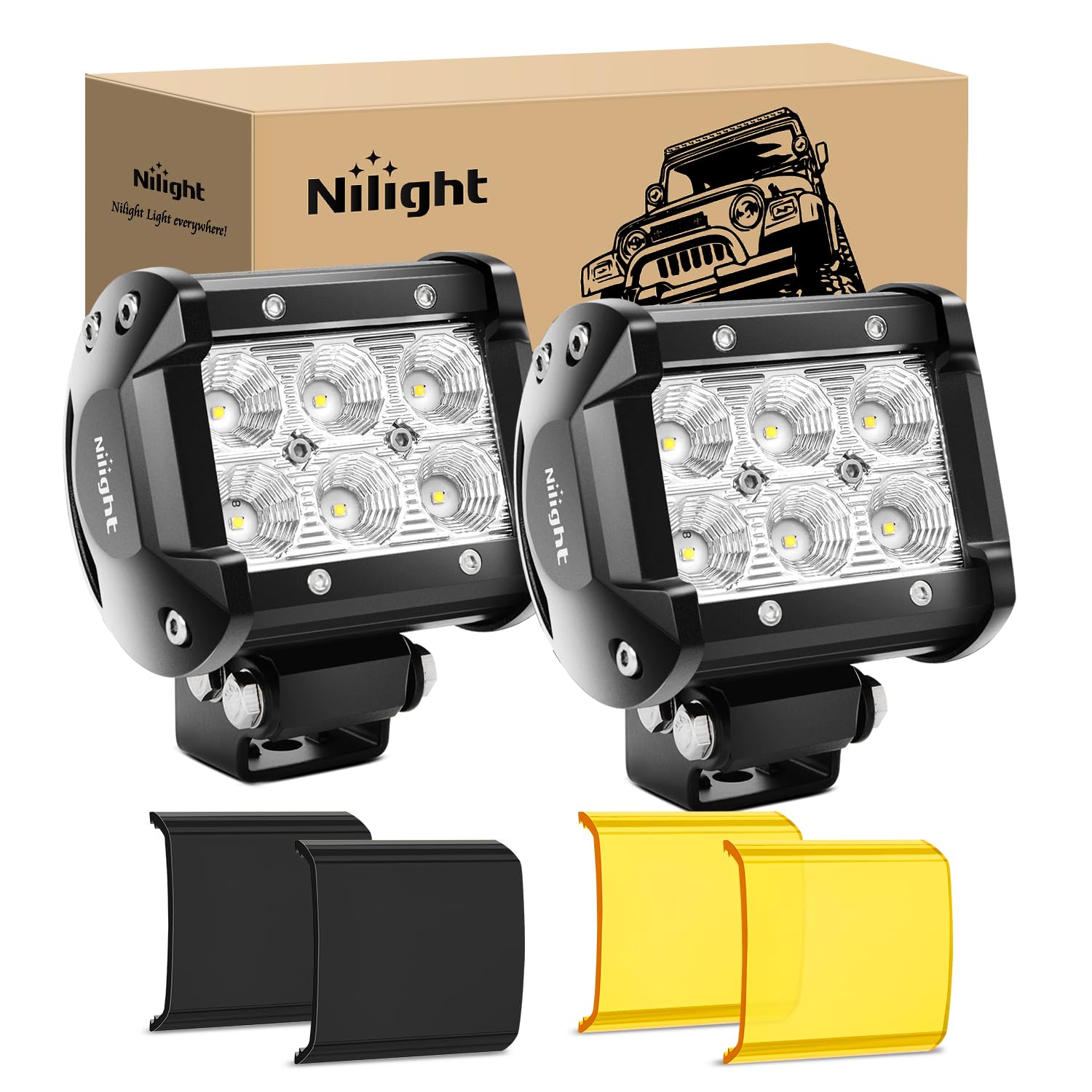 Nilight LED Light Pods with Yellow Black Covers 2 PCS 18 W 1260LM