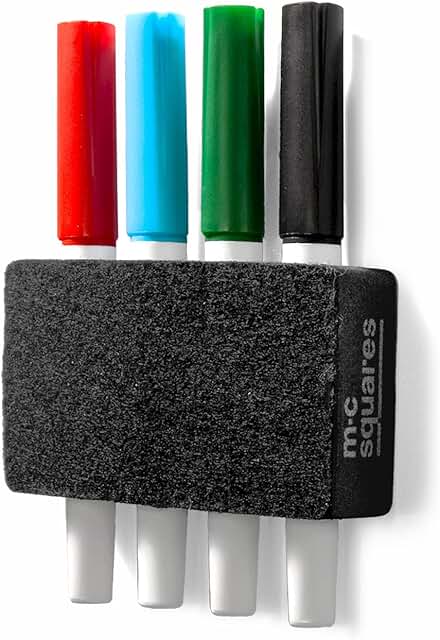 M.C. Squares Erasie | 4 BULLET Tip Dry-Erase Markers and Re-stickable Eraser Block Holder | A Must Have For Every Whiteboard
