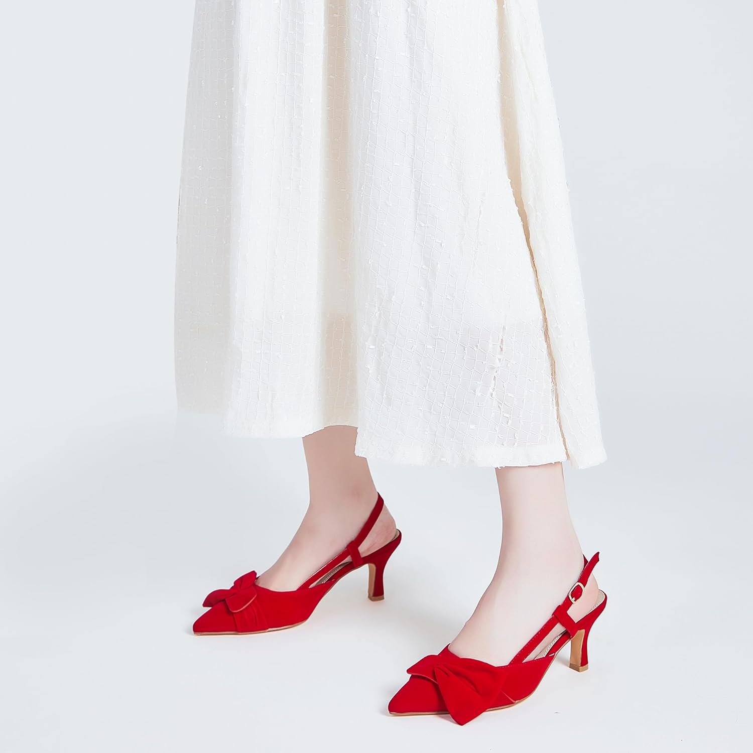 CAMSSOO Slingback Kitten Heels for Women Suede Bow Closed Pointed Toe Pumps Low Heel Dress Shoes Wedding Party Office - Image 9