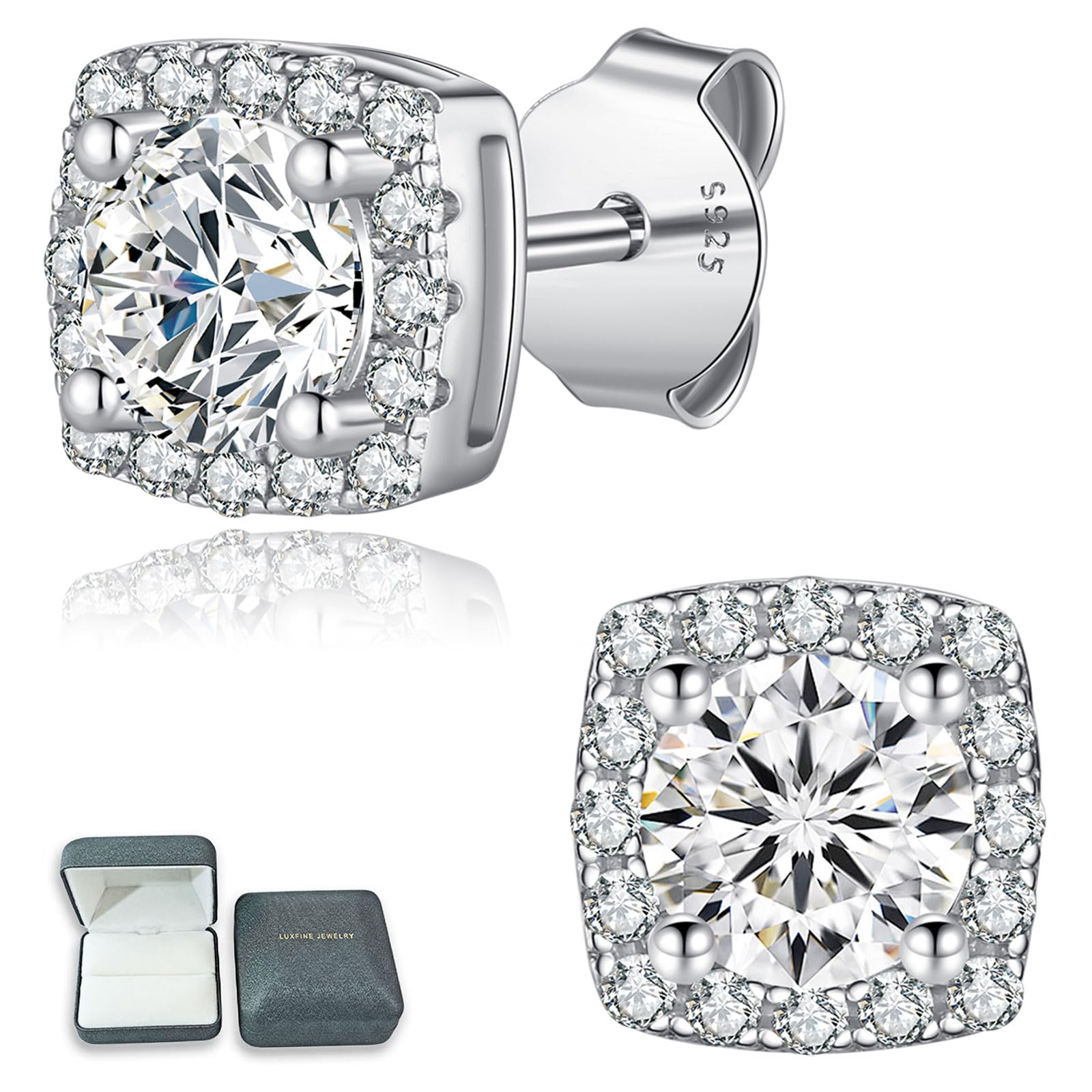 Luxfine 1 Ct D Color VVS1 Moissanite Stud Earrings for Women 925 Serling Silver Halo Earrings (with Gift Box)