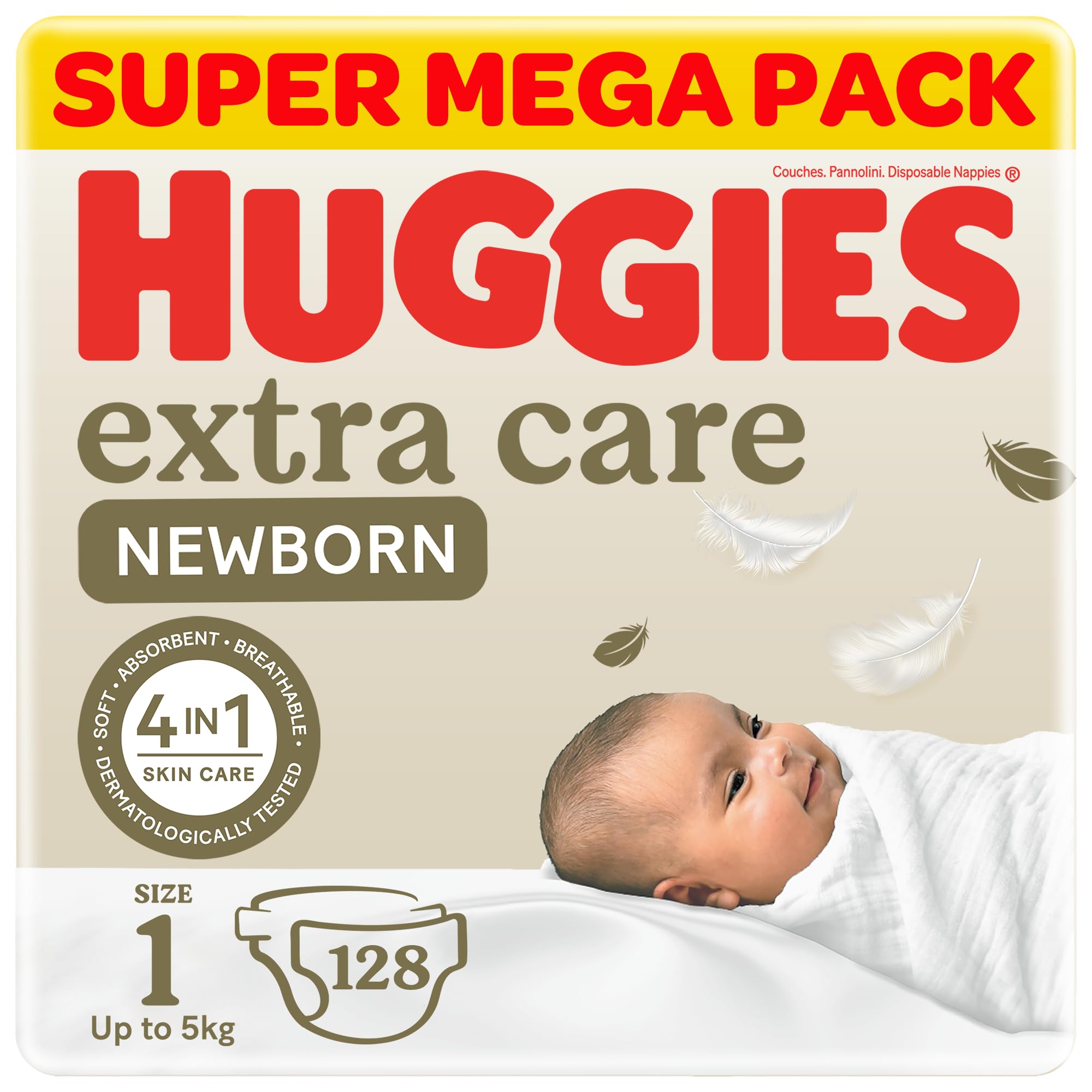 HUGGIESExtra Care Newborn Baby Diapers, Size 1 (Up to 5 kg), Twin Jumbo Pack, 128 Diapers