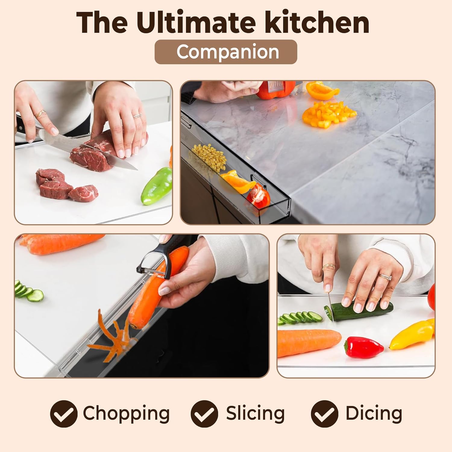 Slice & Toss Acrylic Cutting Board with Counter Lip & Removable Scrap Bin, Clear Kitchen Chopping Board - Large Non-Slip Cutting Boards Essentials for Kitchen, Restaurant & Home (17" x 13.2" x 1.34")