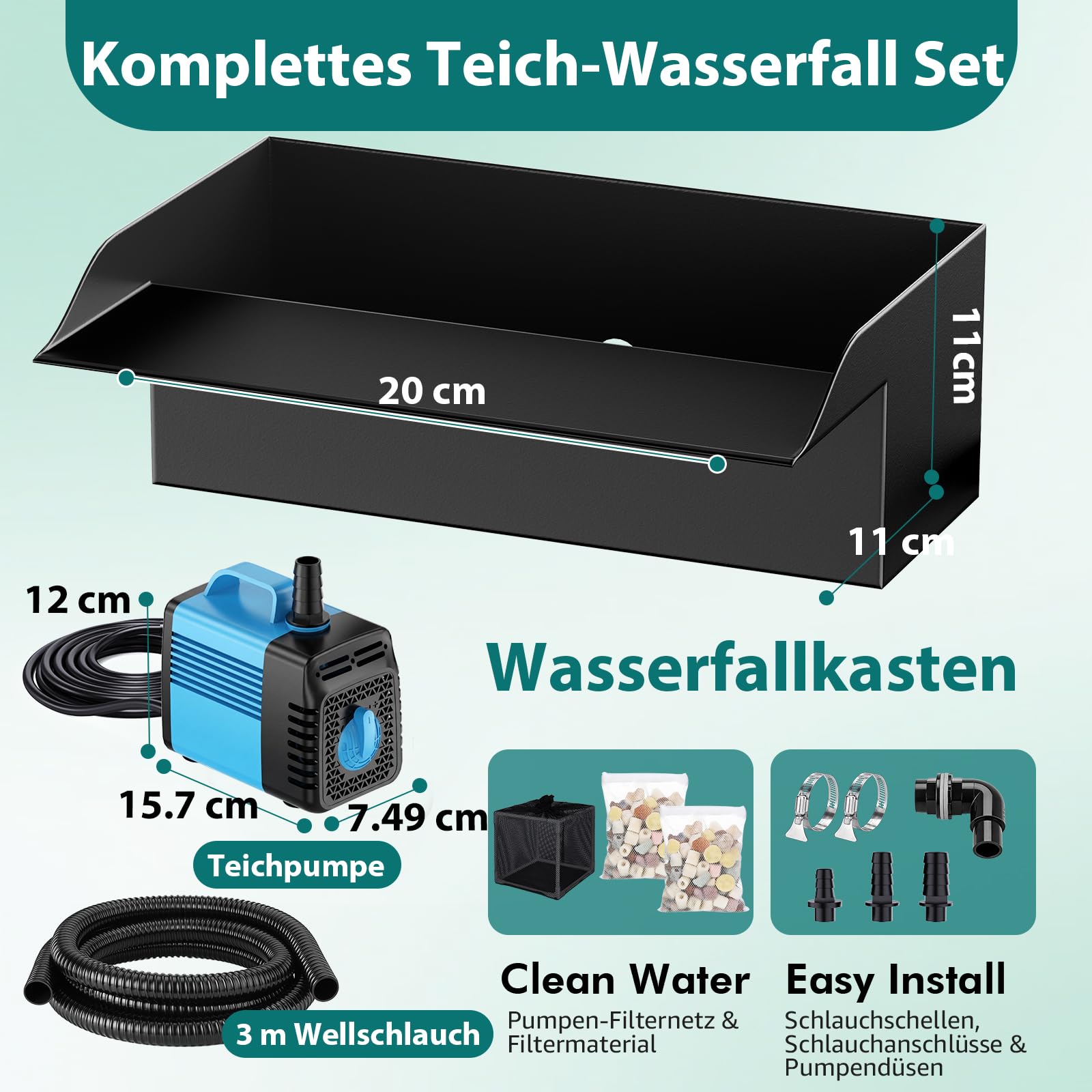 Teichwasserfall-Auslaufset, 20cm Teichwasserfall-Filter mit 2500l/h Wasserfallpumpe & Filterkäfig, 3m gewellter Schlauch für Außengartenteiche und Hinterhof-Wasserspiele