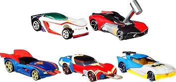 Hot Wheels Toy Cars 5-Pack, Set of 5 DC Character Cars in 1:64 Scale: Superman, Batman, Wonder Woman, The Joker GT & Harley Quinn