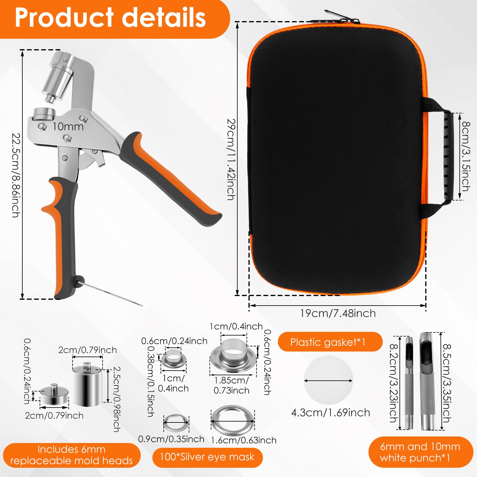 Set de pince à œillets professionnelle, Presse à œillets magnétique avec 200 œillets inoxydables (100 pièces Ø6mm et 100 pièces Ø10mm), Pince à œillets avec tête de découpe interchangeable pour