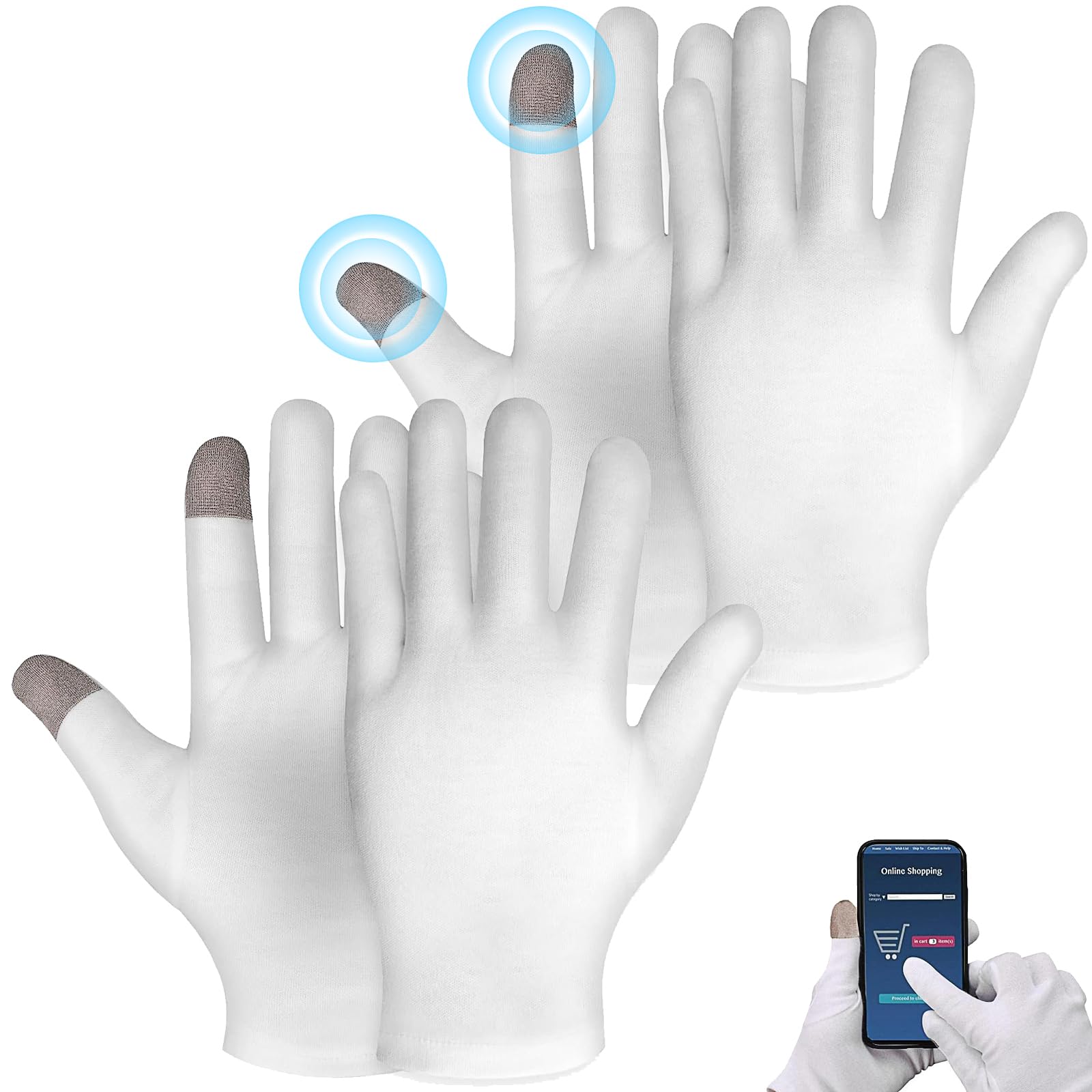 Guanti Idratanti Touch Screen, 2 paia di Cotone Bianco Guanti Touch Screen,Guanti Idratanti per donne uomini Per Mani Secche Spa Trattamento Cosmetico Idratante