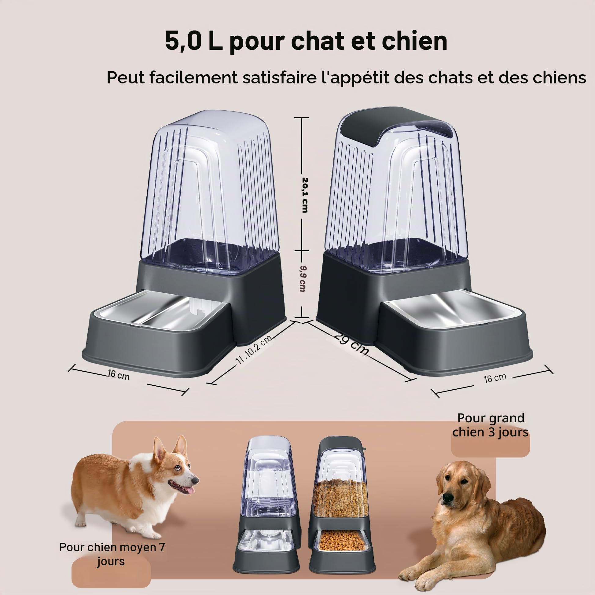 Distributeur Automatique de Nourriture et d'eau pour Chien et Chat avec Bols en Acier Inoxydable, mangeoires à gravité pour Animaux domestiques, 100% sans BPA, Grande capacité pour Chats,