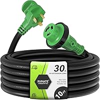 Vista 1 de RVMATE Cable de Extensión de Alimentación Bloqueable para RV de 10 Pies y 30 Amperios con Mango de Enchufe Fácil, TT-30P a L5-30R, Indicador LED, 10