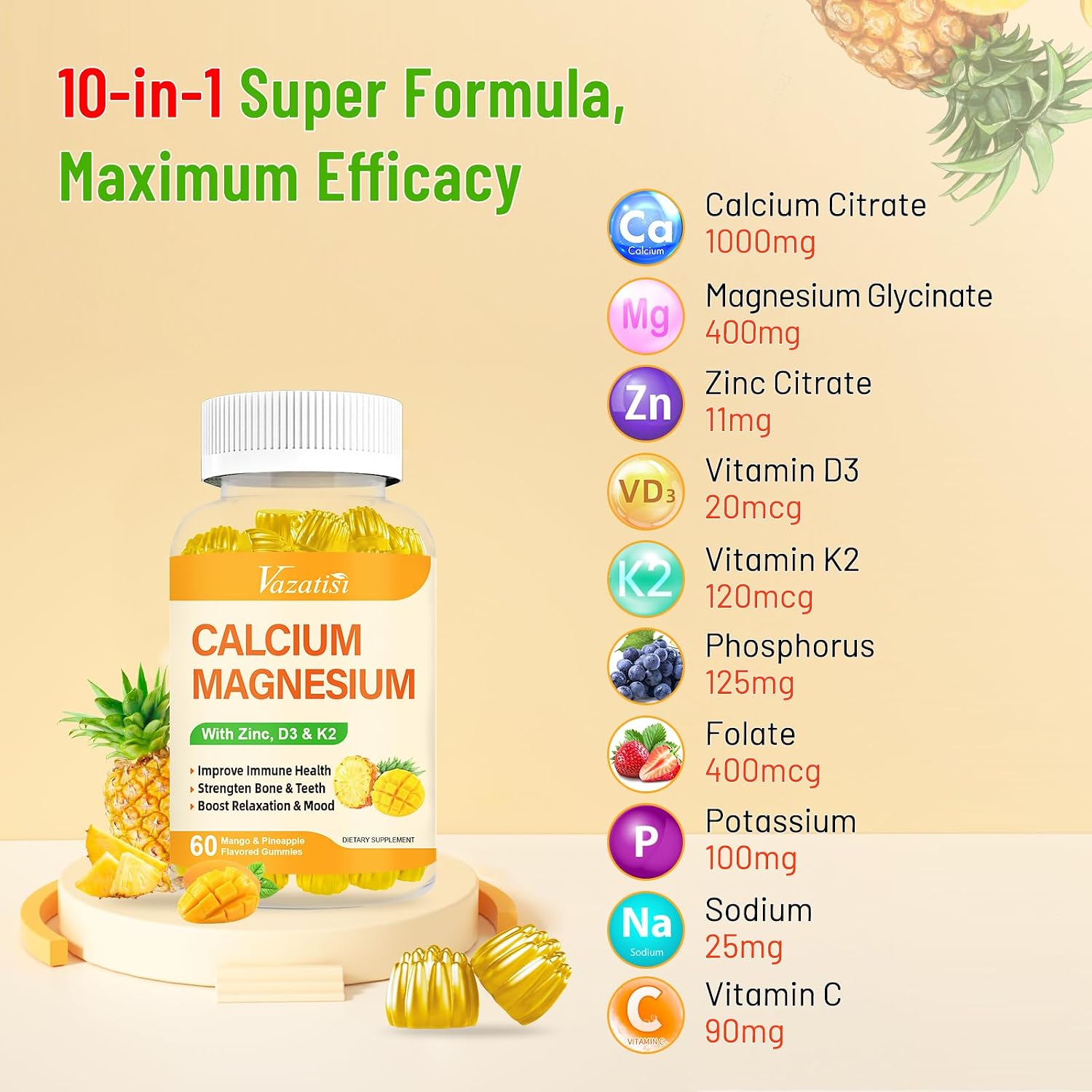 Calcium Magnesium Zinc Gummies with Vitamin D3 and K2, High Absorption Magnesium Glycinate Potassium for Immune and Calm Mood, Vegan Mango and Pineapple Flavor 120 Gummies