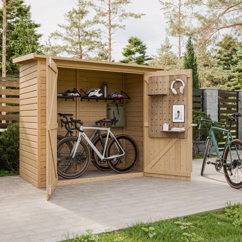TIMBELA Gartenhaus Holz H194x123x223 cm/2.1 m², mit 17 mm Wandstärke - Geräteschuppen Holz ohne Boden, Gartenhütte Holz, Fahrrad Schuppen, Gerätehaus - Wasserfestes Dach TIMBELA M348