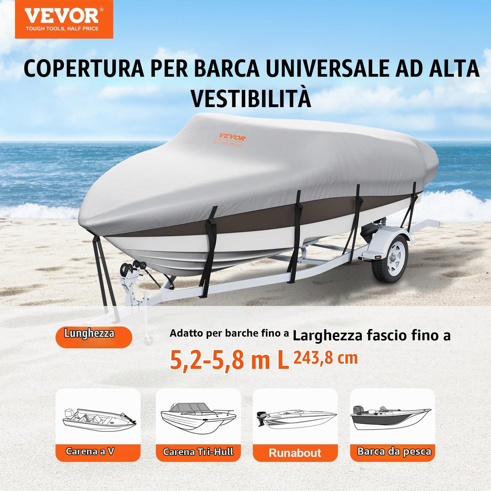 VEVOR Telo Copribarca Impermeabile Telo Copribarca Lunghezza 518-579cm Larghezza 243cm Scafo a V Telo Protettivo per Barca 600D Oxford Anti-UV con Borsa Barca a Motore da Traino Yacht