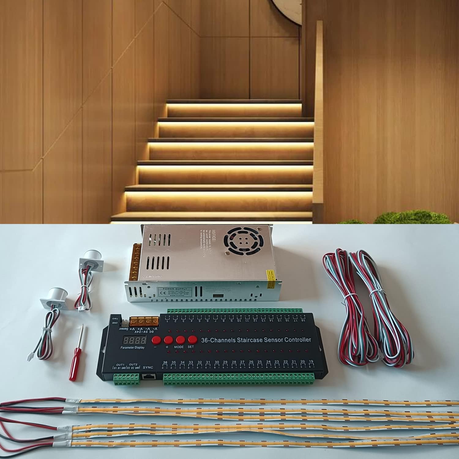 Intelligent Motion Sensor LED Stair Lighting Kit MAX 18 Stairs, 60 Inches Long Cuttable COB LED Strip Light for Indoor LED Stair Lights LED Step Lights (18 Stairs, Warm White 3000K)