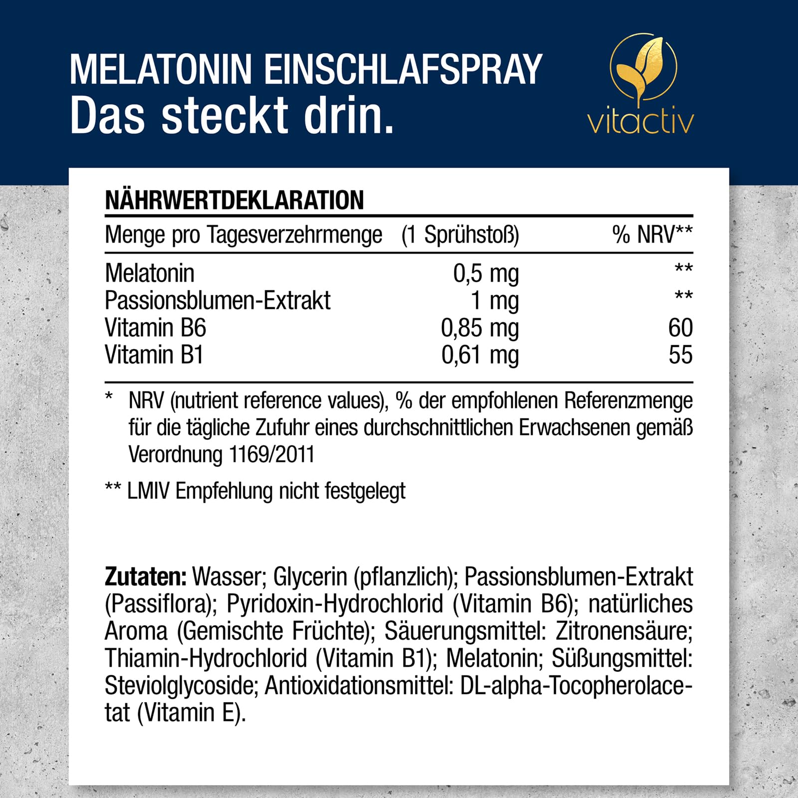 VITACTIV Melatonin Einschlafspray - Gemischte Früchte - 1155 Tage Vorrat, Hochdosiert - Melatonin Spray plus Passionsblumen Extrakt, Vitamine B1 und B6 - Zuckerfrei & Vegan - 150ml Sofort-Spray