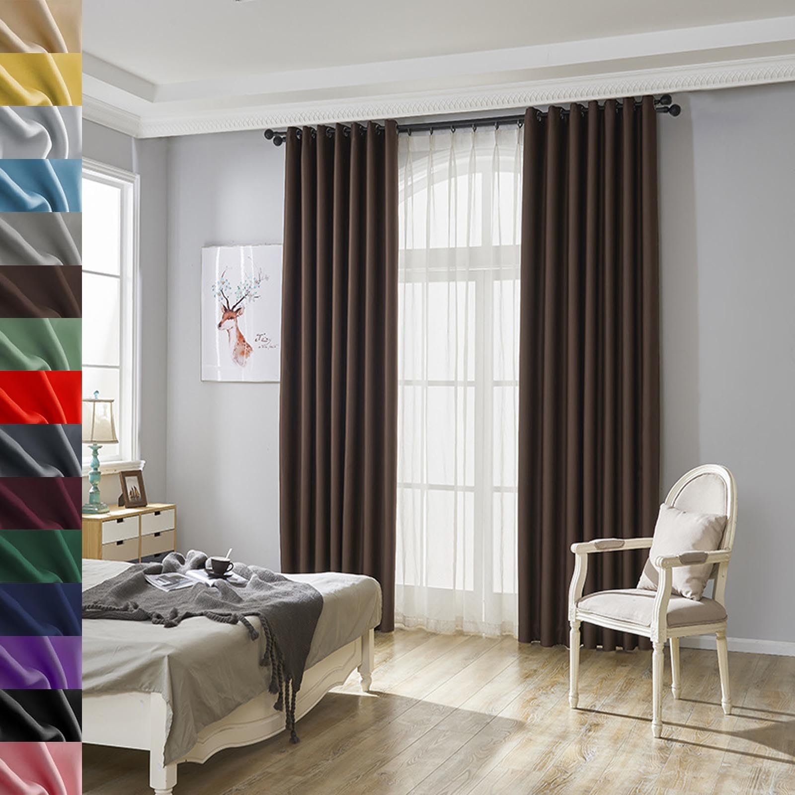 GAIFNAG Dim Out Eyelet Curtains 200 x 60 cm Drop Eyelet, Lightweight, Thermal Insulated Faux Linen Curtains for Bedroom and Living Room, Brown