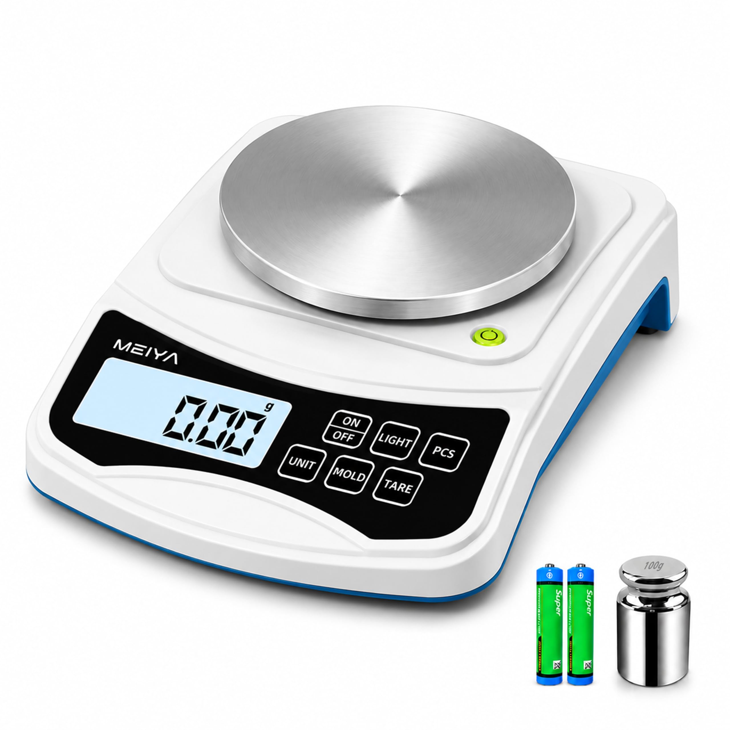 MEIYA Báscula digital de laboratorio, precisión de escala de 1000 g por 0,01 g, escala electrónica multifunción de alta precisión (incluye 100 g de peso y 2 pilas AAA), escala de equilibrio aprobada