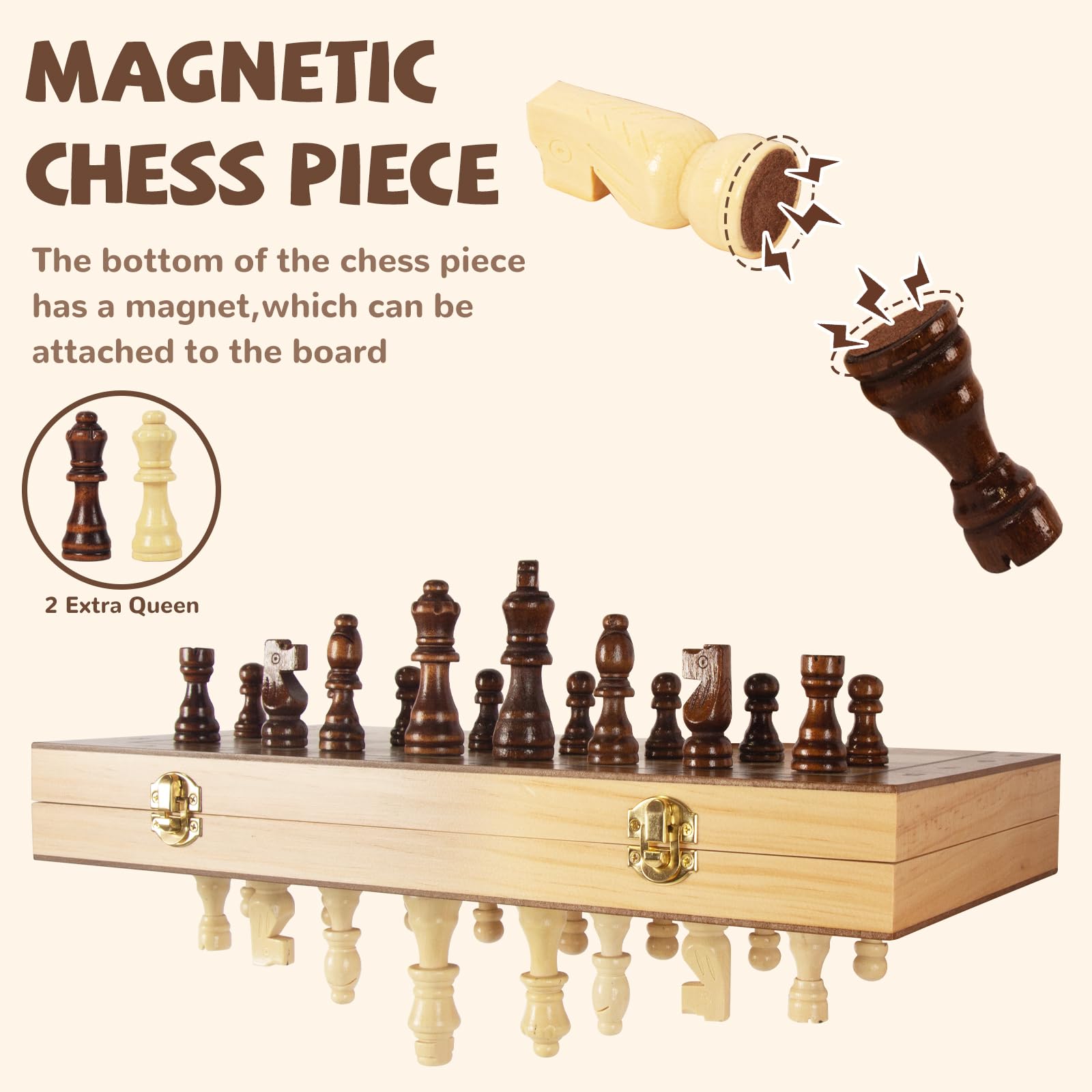 WOODENFUN Schachspiel Magnetische Holz für Erwachsene und Kinder Faltbares Schachbrett 40x40cm Tragbares Schachspiel Nuss- und Kiefernholz(Braun Große Faltung)