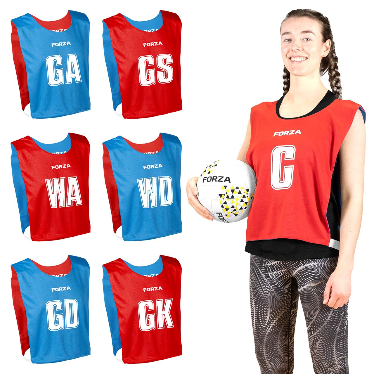 FORZA Pro Reversible Netball Bibs [Pack of 7] | 2-in-1 Design with 5 Colour Combinations - Ideal for Schools & Sports Clubs (Red & Blue, Large)