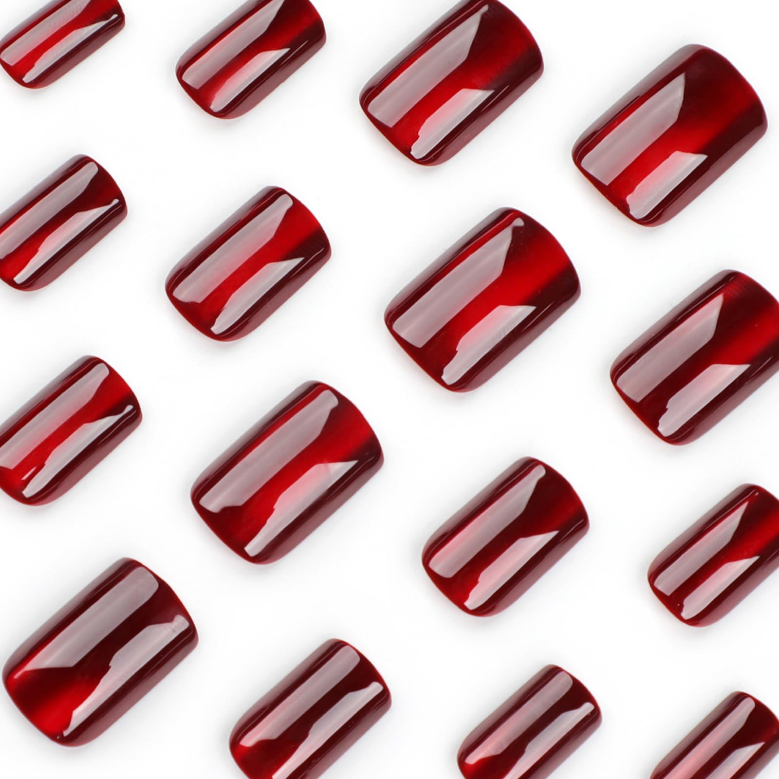 24Pcs French False Nails, Wine Red Elegant Press on Nails with Cat Eye Design, Short Square Fake Nails - Image 4