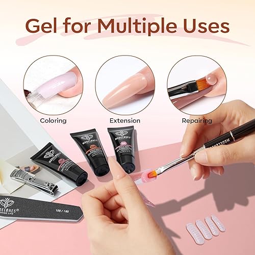 Miniatura 24 de modelones Kit de gel de extensión de poliéster para uñas, 12 colores rosa con purpurina nude, juego de gel de uñas de poli para manicura francesa