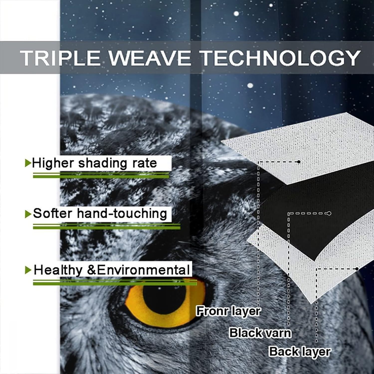 Moon Owl Blackout Curtains Starry Sky Night View Bird Animal Black White Art Print for Living Room Bedroom Kitchen Decor Rod Pocket Window Drapes 2 Panels 42x45in