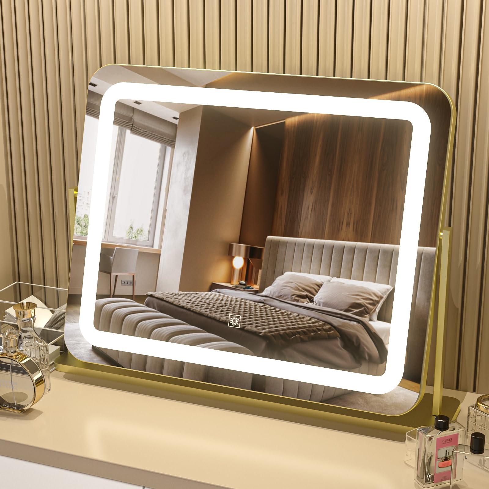 PRIMETEK Vanity Mirror with Lights, 22"x19" Large Makeup Mirror with Lights, Hollywood LED Lighted Makeup Mirror, Touch Sensor with 3-Color Lighting, Dimmable for Vanity Desk Tabletop, Bedroom, Gold