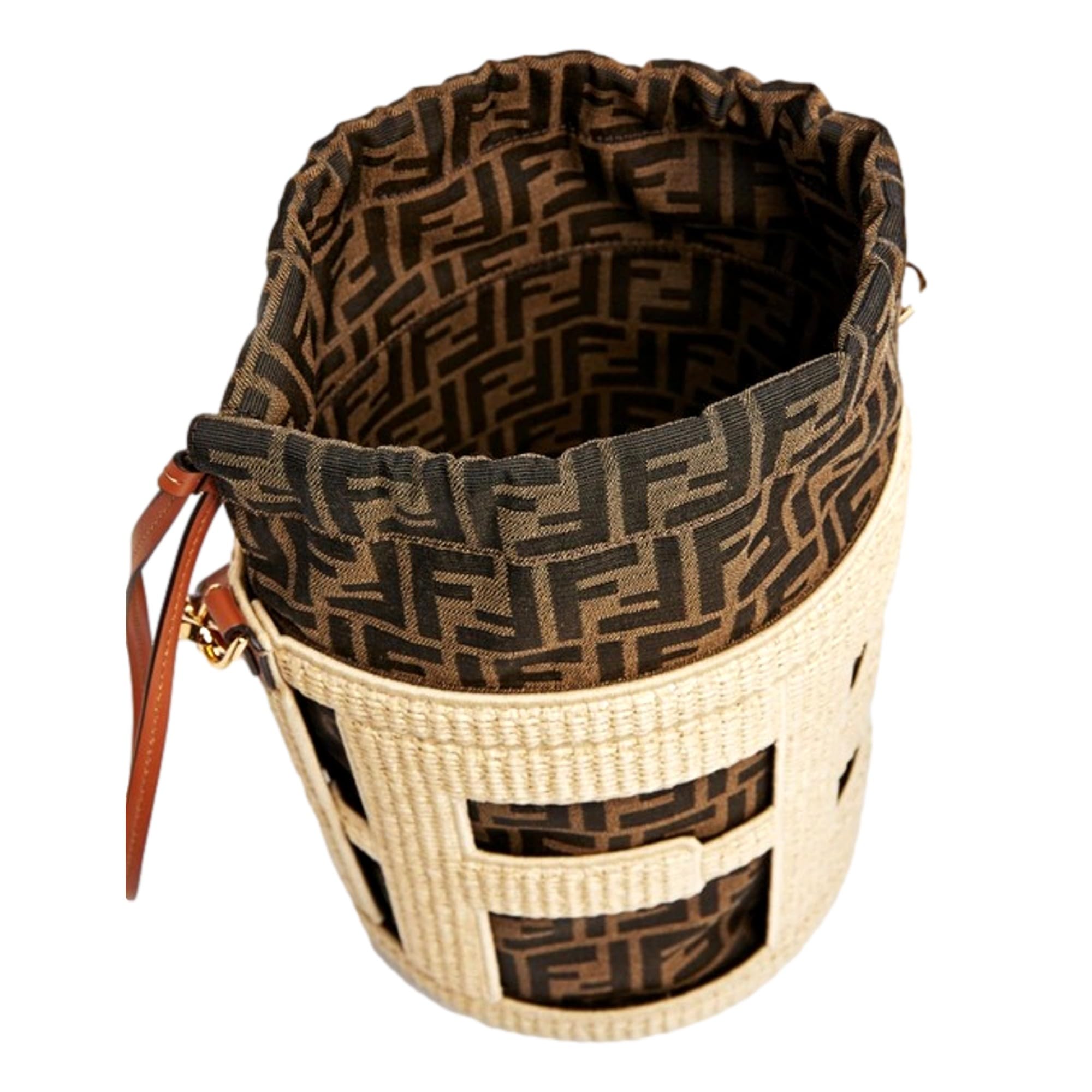 FENDI Bolsa de cubo Step Out, lona mediana y cuero, patrón tejido con