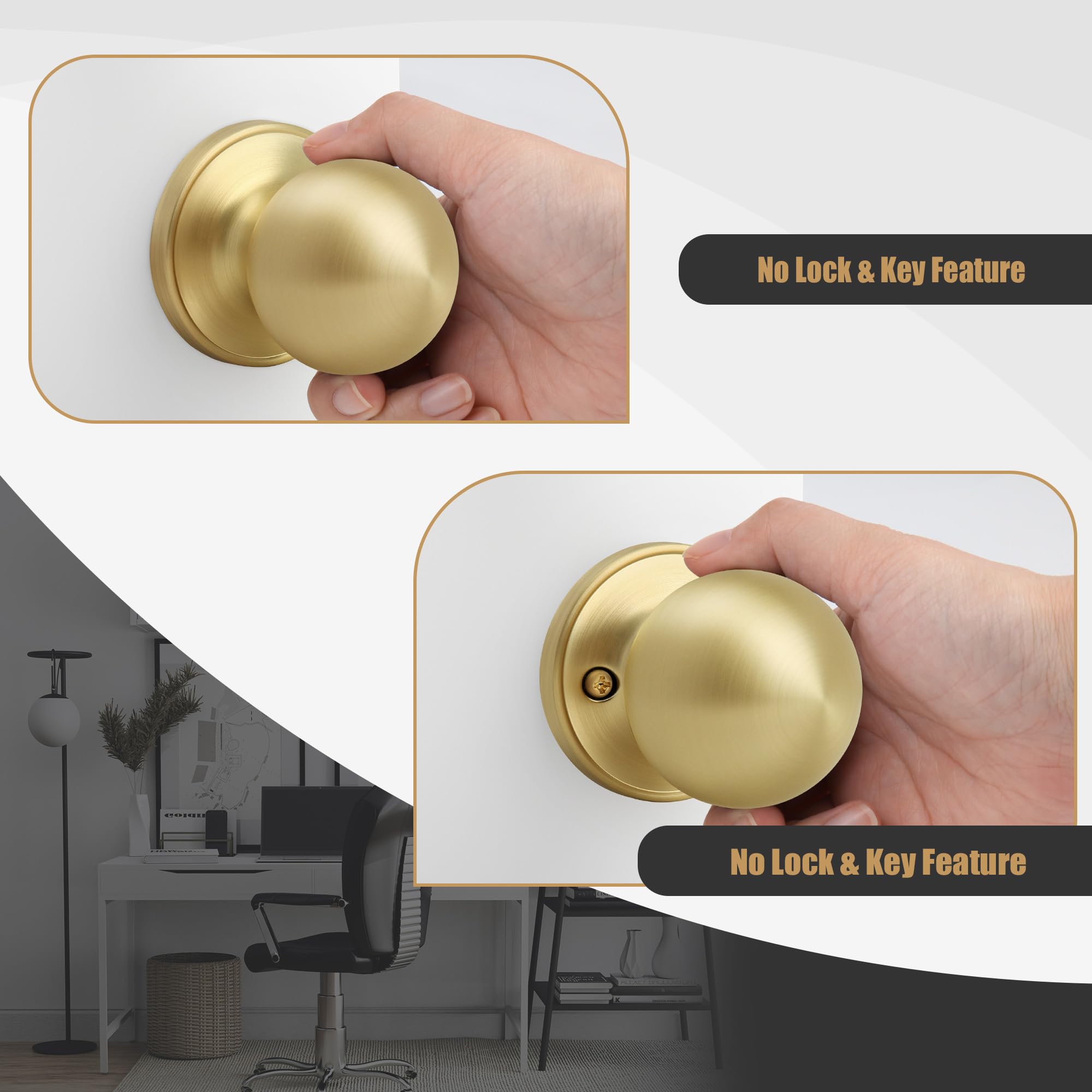 Satin Brass Passage Door Knob - Non-Locking Design -7