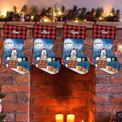 Miniatura 5 de MALIHONG Paquete de 1 calcetín personalizable para perro labrador con sombrero de Papá Noel de búfalo rojo a cuadros copos de nieve, bolsa de regalo