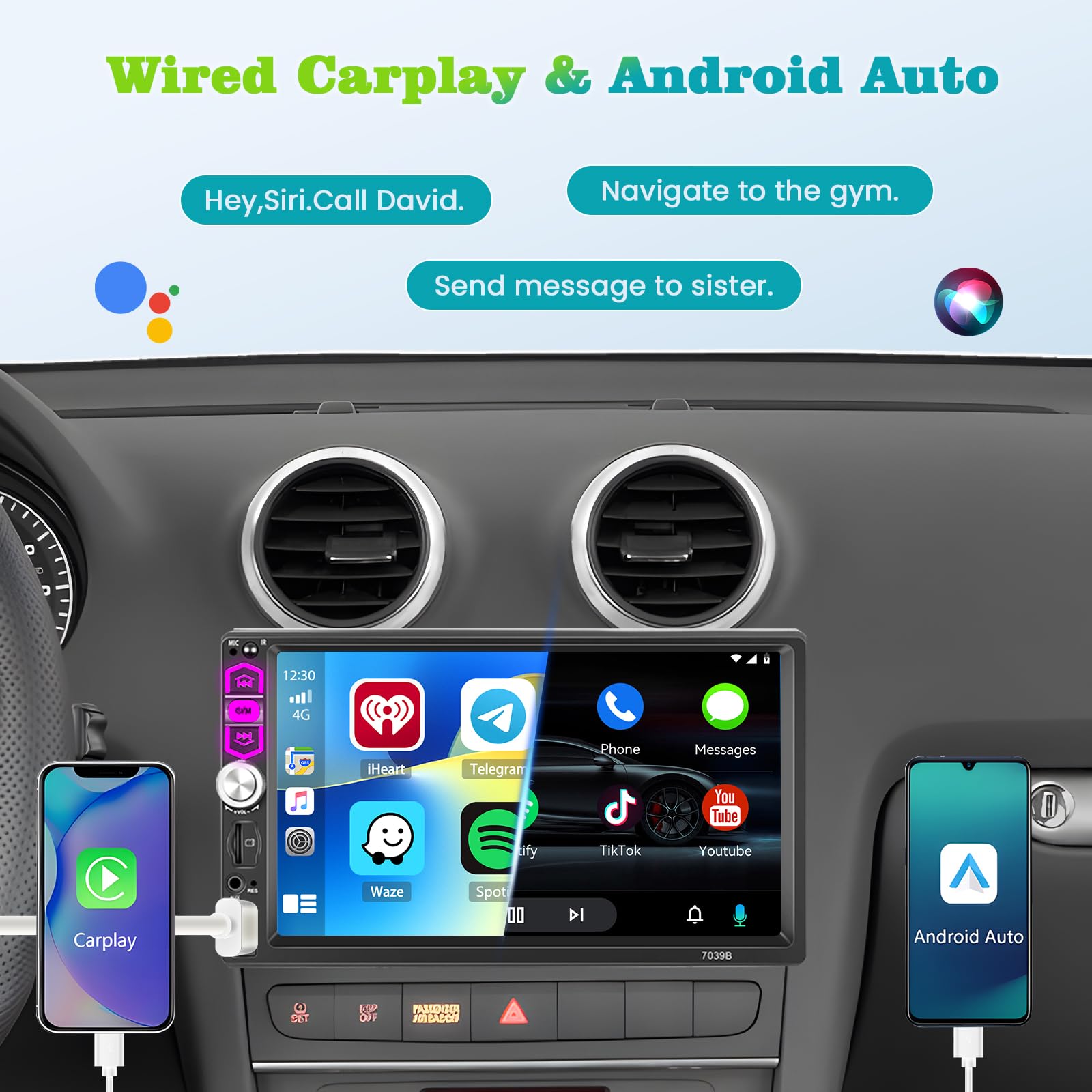 Hikity 1 Din Autoradio Wired Carplay Android Auto Bluetooth, Écran Tactile 7 Pouces Poste Radio Voiture Bluetooth Mains Libres Stéréo Lien Miroir FM EQ USB/AUX/TF SWC + Mic Externe + Caméra de Recul