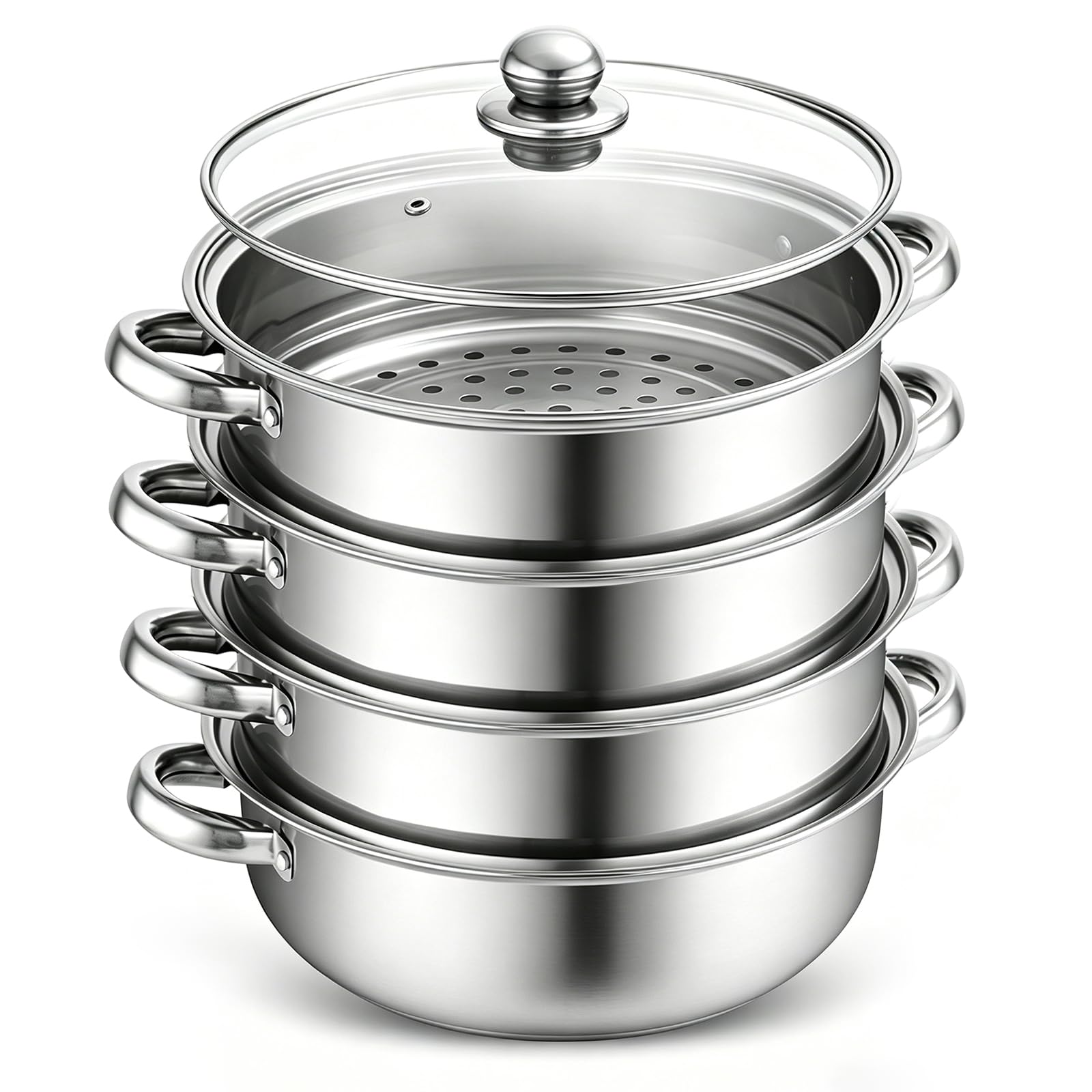 Parowar ze stali nierdzewnej 28 cm – 3/4 poziomy, garnek parowy ze szklaną pokrywką, wielowarstwowy parowar do warzyw, ryb, owoców morza, zup i makaronu, nadaje się do kuchenek indukcyjnych (4)