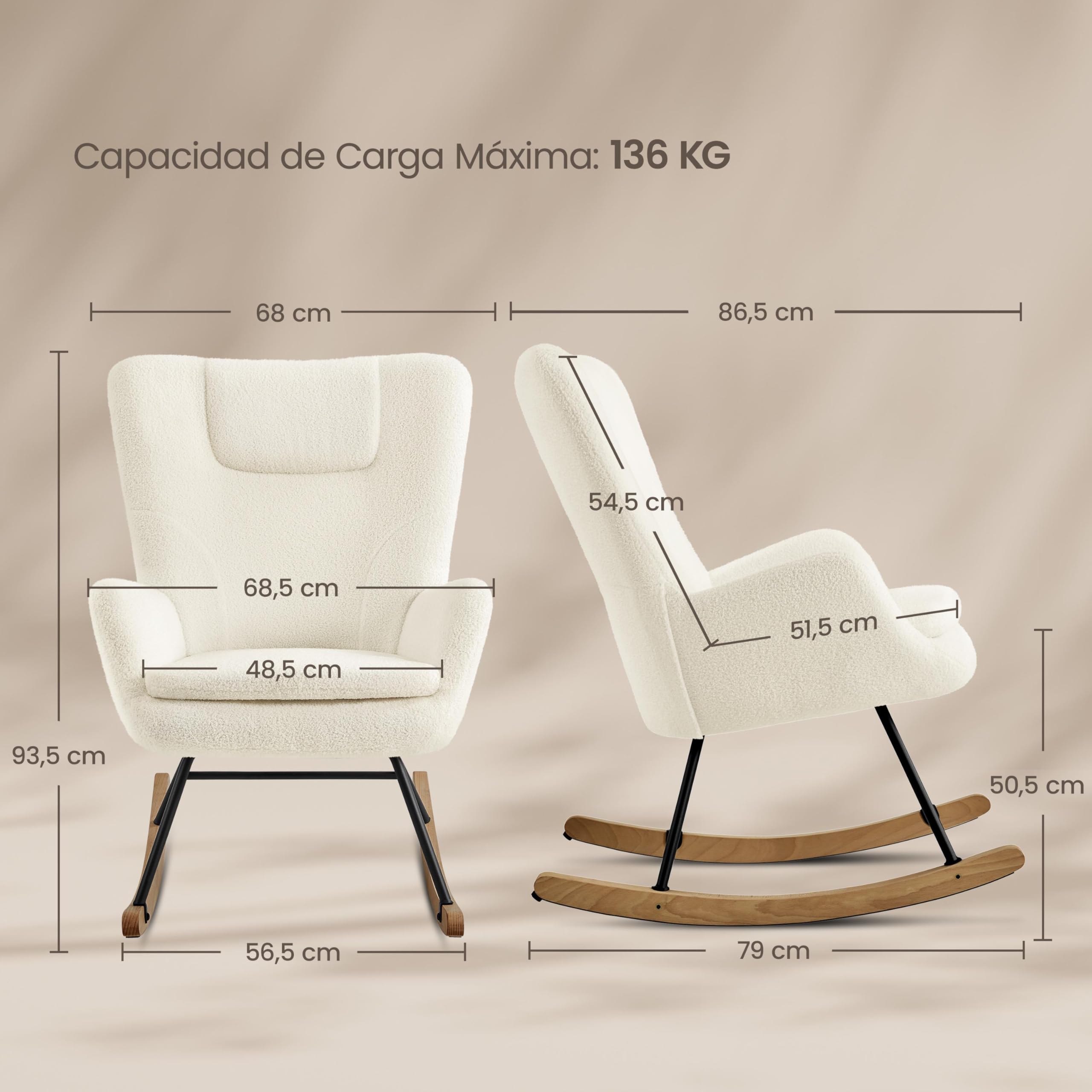 Yaheetech Silla Mecedora Relax Tapizada en Boucle Sillón Balancín con Estructura Metal y Madera de Haya Respaldo Alto Soporta 136 kg Ideal Salón Dormitorio Beige