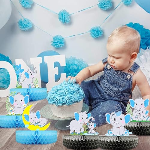 Miniatura 4 de Mity rain Paquete de 6 centros de mesa de nido de abeja de elefante azul, decoración de mesa de elefante de doble cara, recortes de maní pequeño