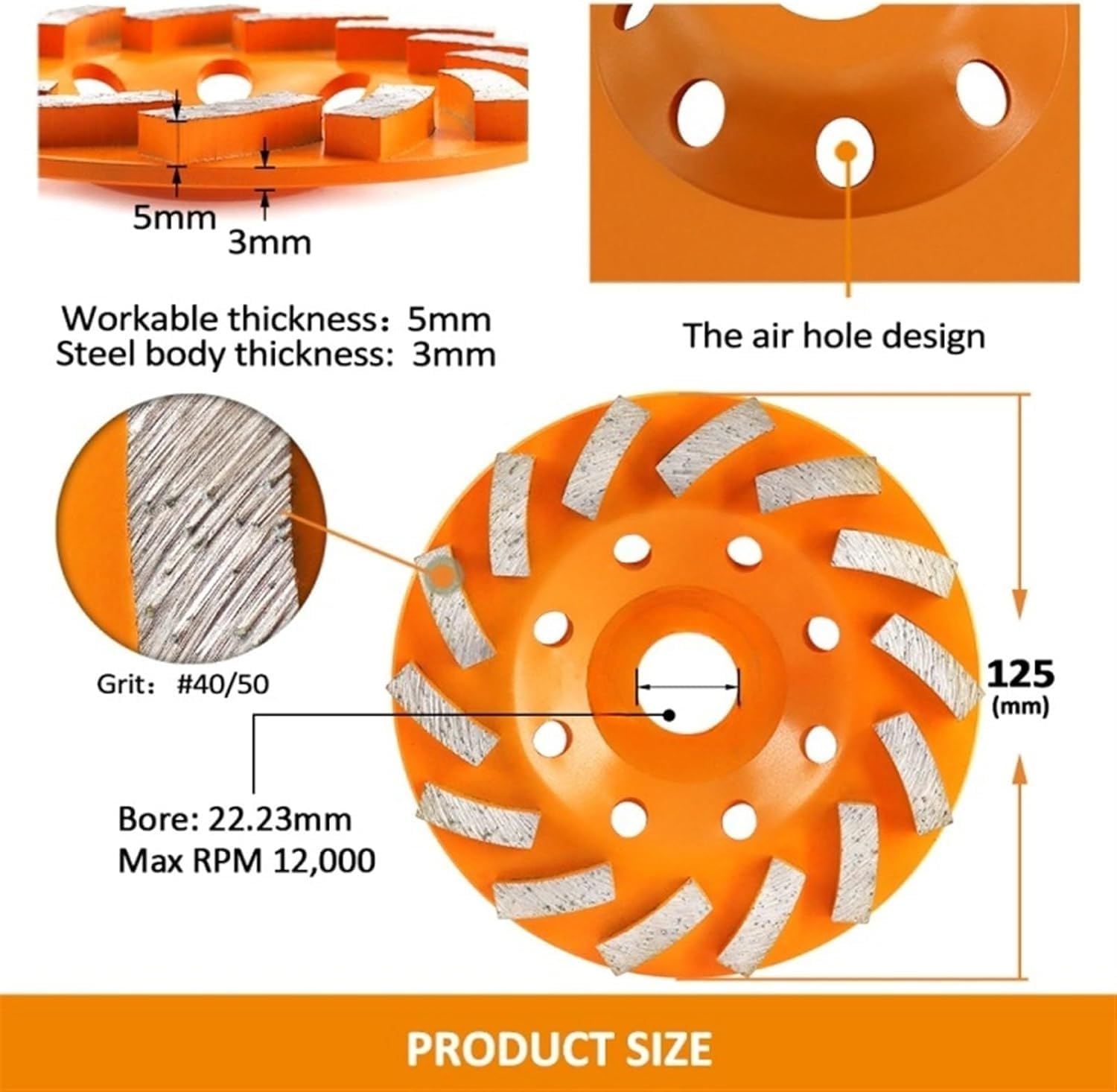 Diamentowa tarcza szlifierska, Ściernica diamentowa do betonu, marmuru, kamienia, granitu, średnica 4-7 cali, średnica 22,23 mm, 4 szt.(1pc 125mm)