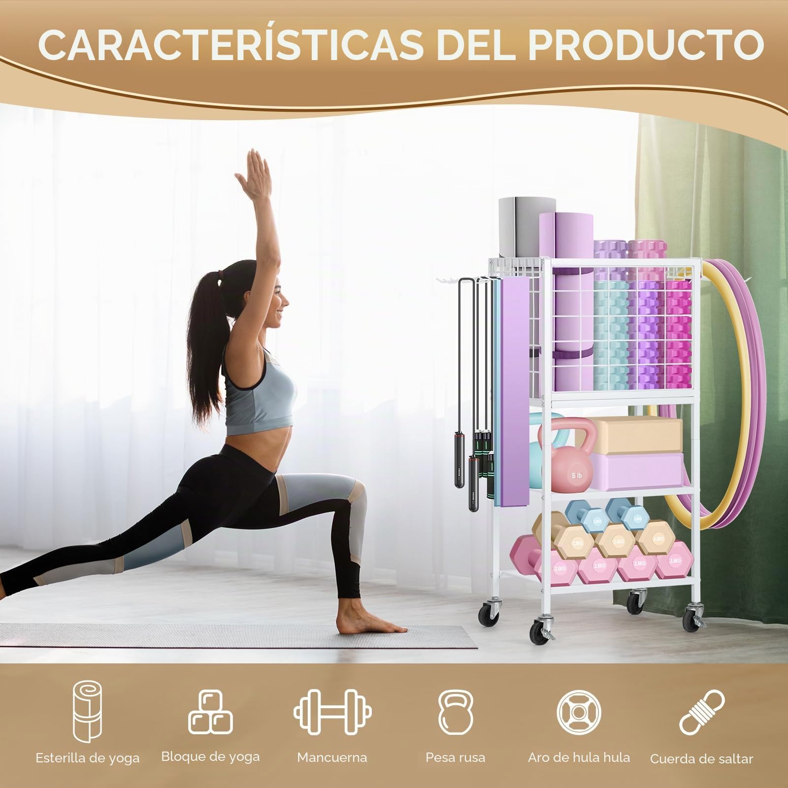 CADUKE Soporte y soporte para mancuernas, almacenamiento de esterilla de yoga con ganchos y ruedas, estante de pesas para gimnasio en casa, pesas rusas, esterilla de yoga, bloque de yoga, rodillo de