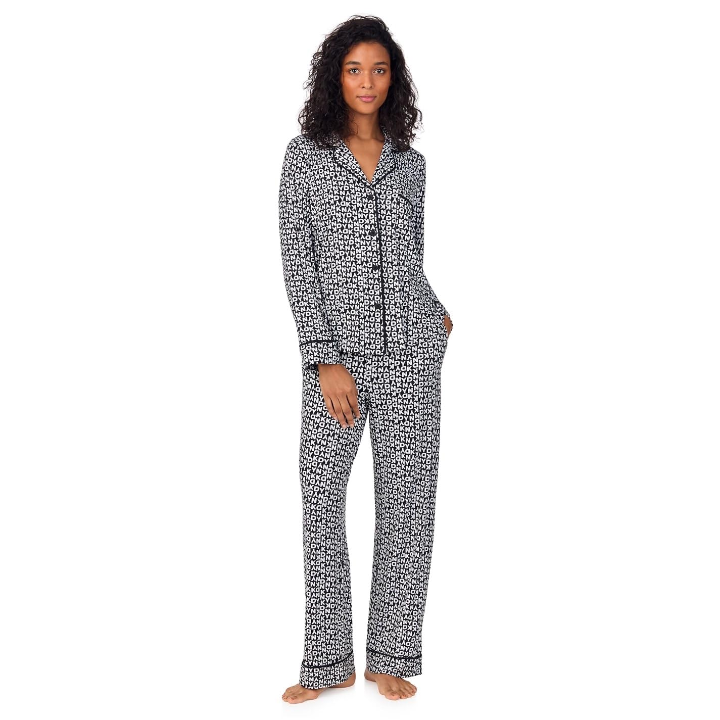 Dkny Women's Print Long Sleeve Pyjama Set Black 12 (M)