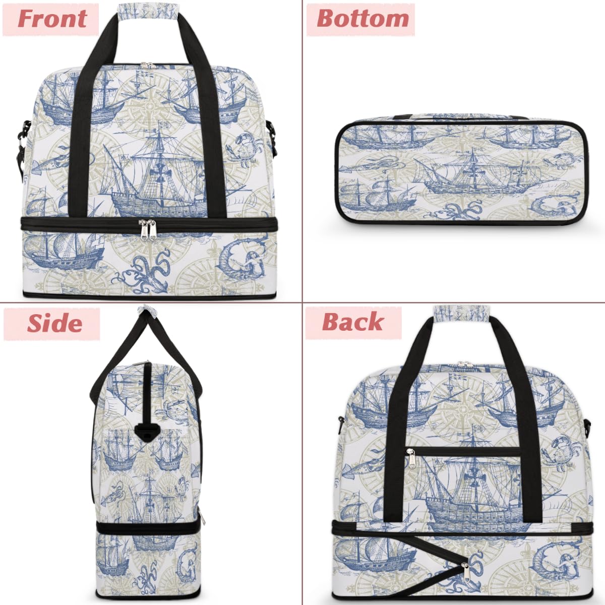 Old Sailboat Monster Maps - Bolsa de viaje plegable de 47 L, bolsa de fin de semana con funda de carrito para hombro, bolsa de hombro separada para deportes, gimnasio, viajes, multicolor, 47L, Bolsa
