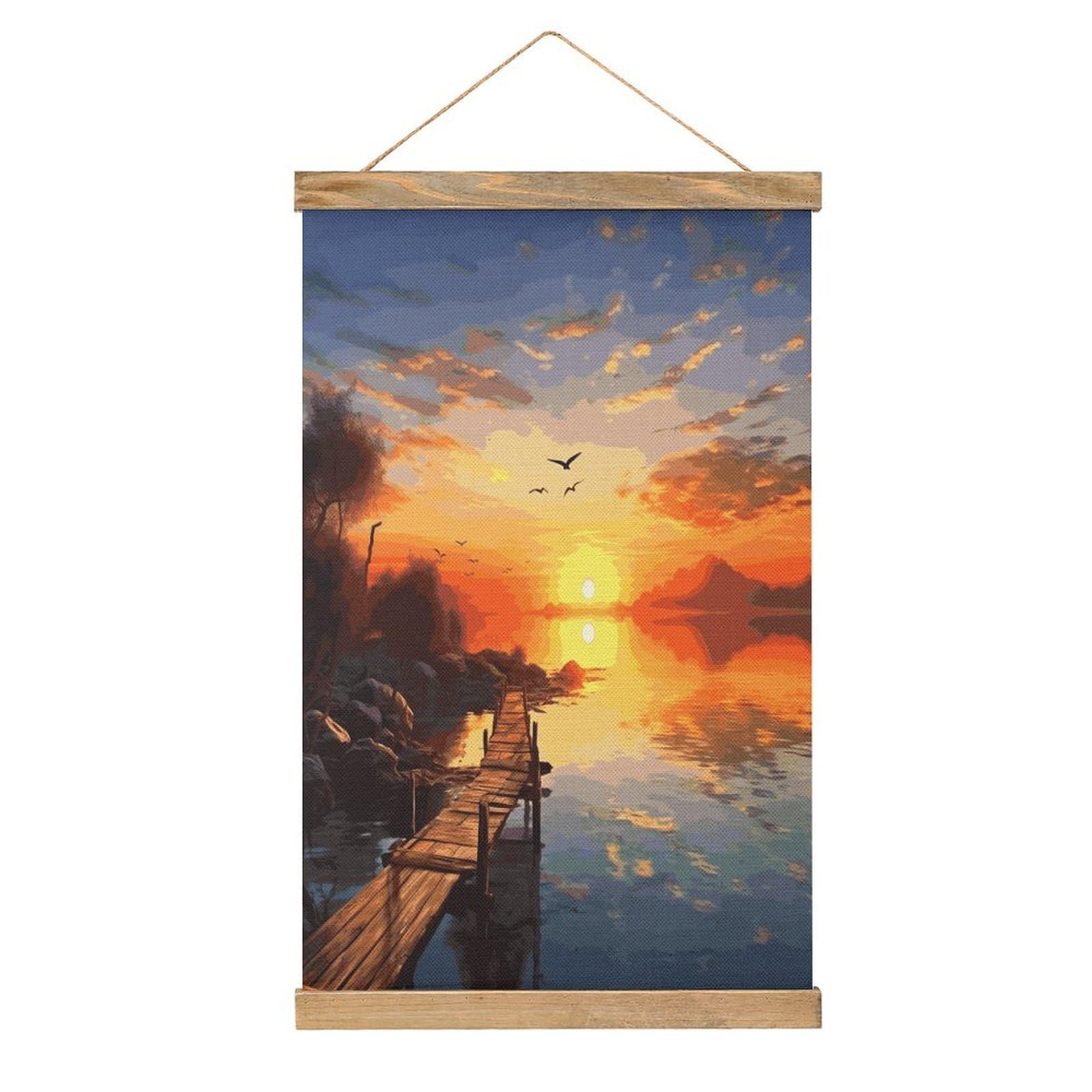JTREHY Sunset Scenery Linen Hanging Painting Vintage Poster Wall Art Prints Personality Style Wall Hanging Poster for Living Room Office Bedroom Decor Frame 13.2 X 20.47 Inch