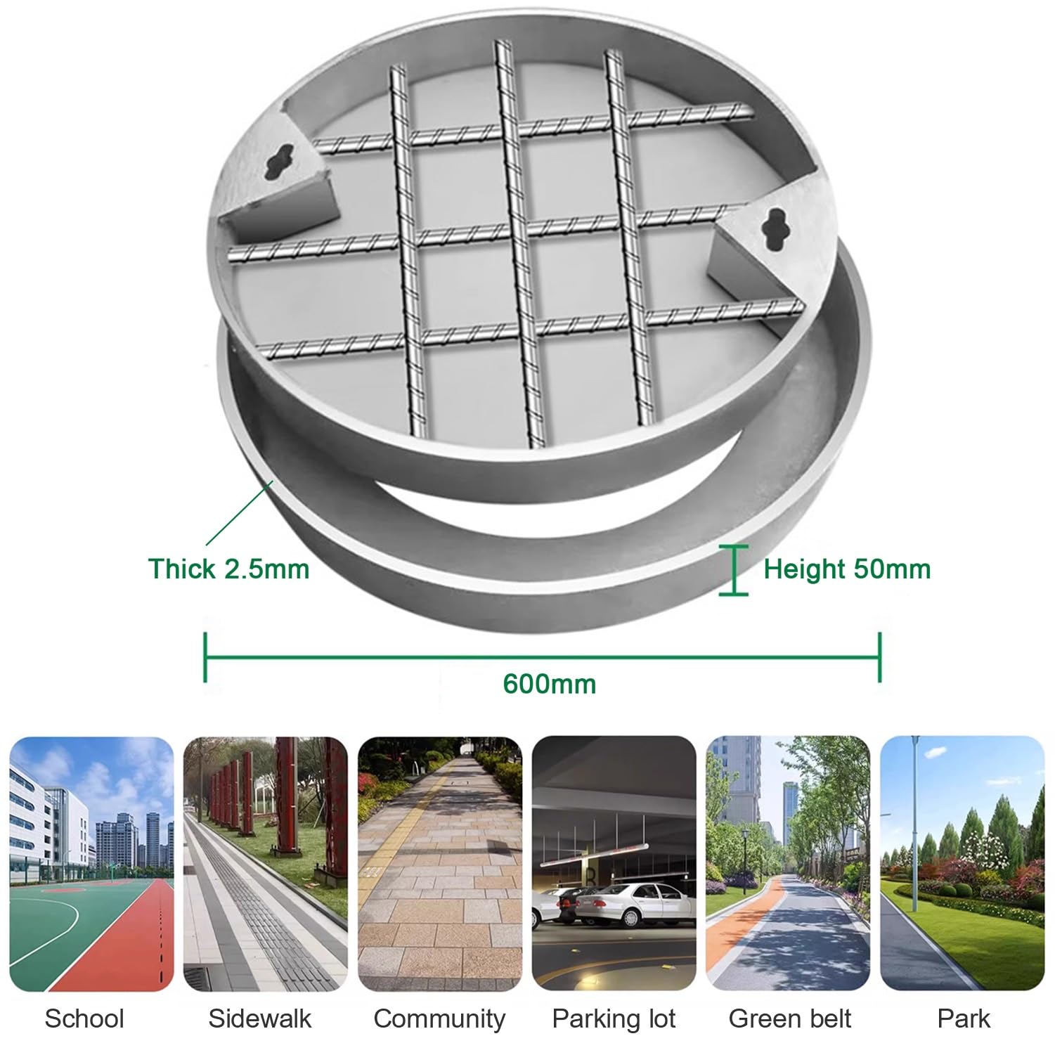 Edelstahl-Schachtabdeckung, 600 mm, runder Deckel für Klärgrube mit Design für Pflaster- und Gartenrasen, langlebig und witterungsbeständig