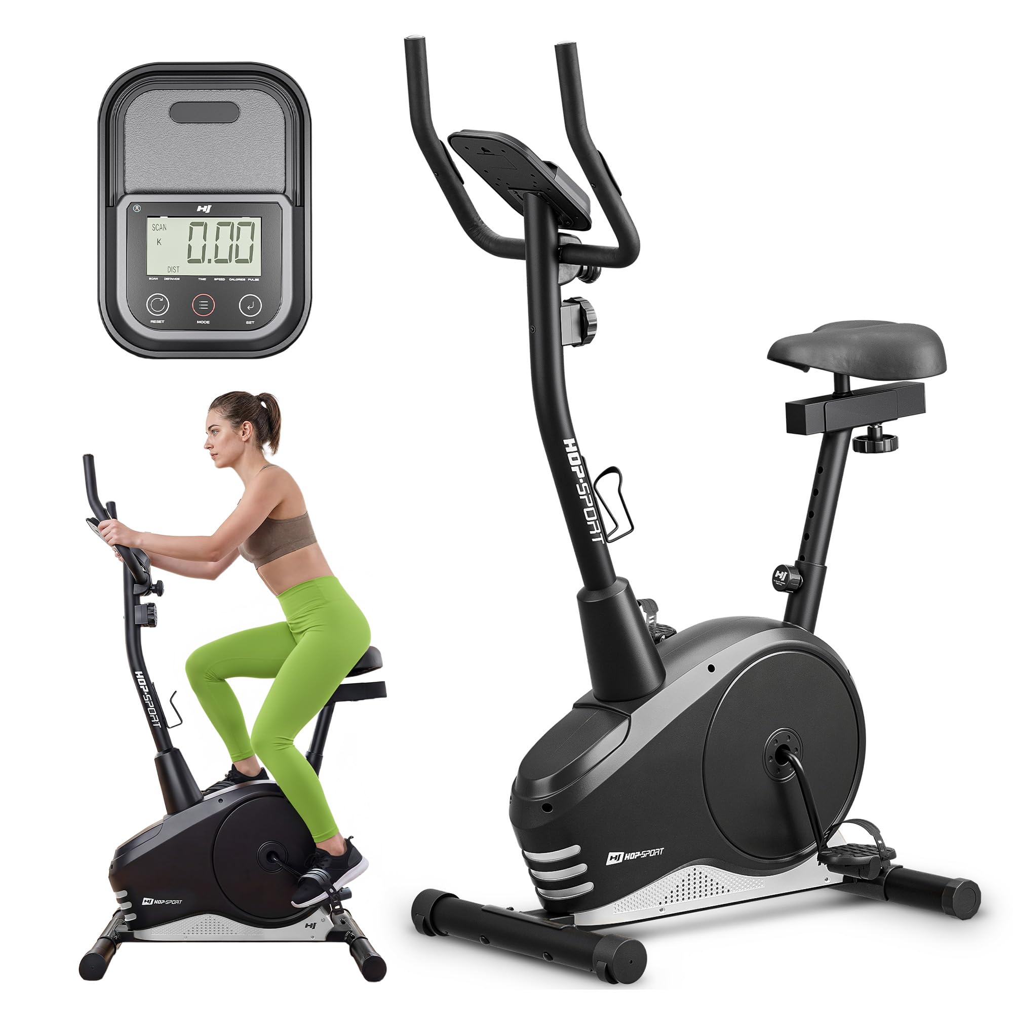HOP-​SPORT® Vélo d'appartement l'APP compatible et Bluetooth HS-​2080 Spark, Roue d'inertie 9 kg, 16 Niveaux de Résistance magnétique, Capteurs de Pulse, Vélo de Fitness pour la Maison, Argenté