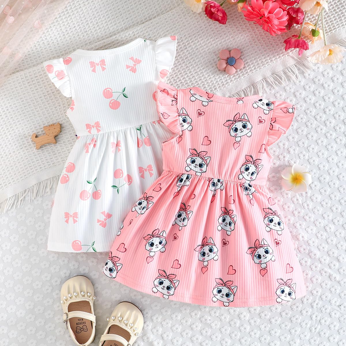 Robe Bébé Fille Imprimée Papillon Nœud Volants sans Manches Robe D'été Mignonne à Pois pour Filles