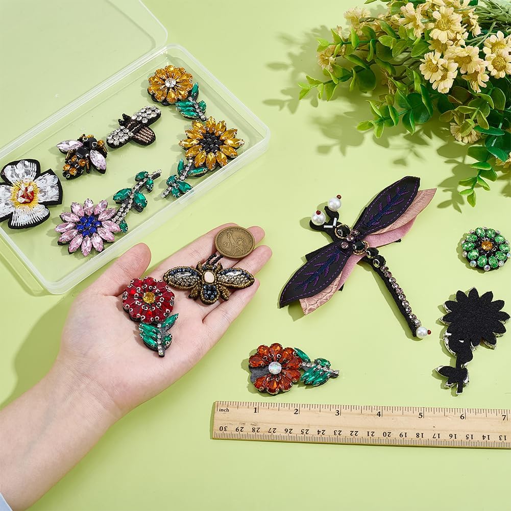 PH PandaHall 12 Styles Flower Embroidery Patch Bees Dragonfly Sew on Patches Beaded Rhinestone Applique Patch Sunflower Insects Cloth Patch for Sewing Clothing Hat Shoes Backpacks Jeans Dress Decor