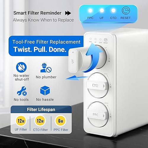 Miniatura 8 de LCF 0.01m Ultra-filtración debajo del fregadero Sistema de filtro de agua, purificador de agua mineral alcalino de 3 etapas, grifo LED UV-C